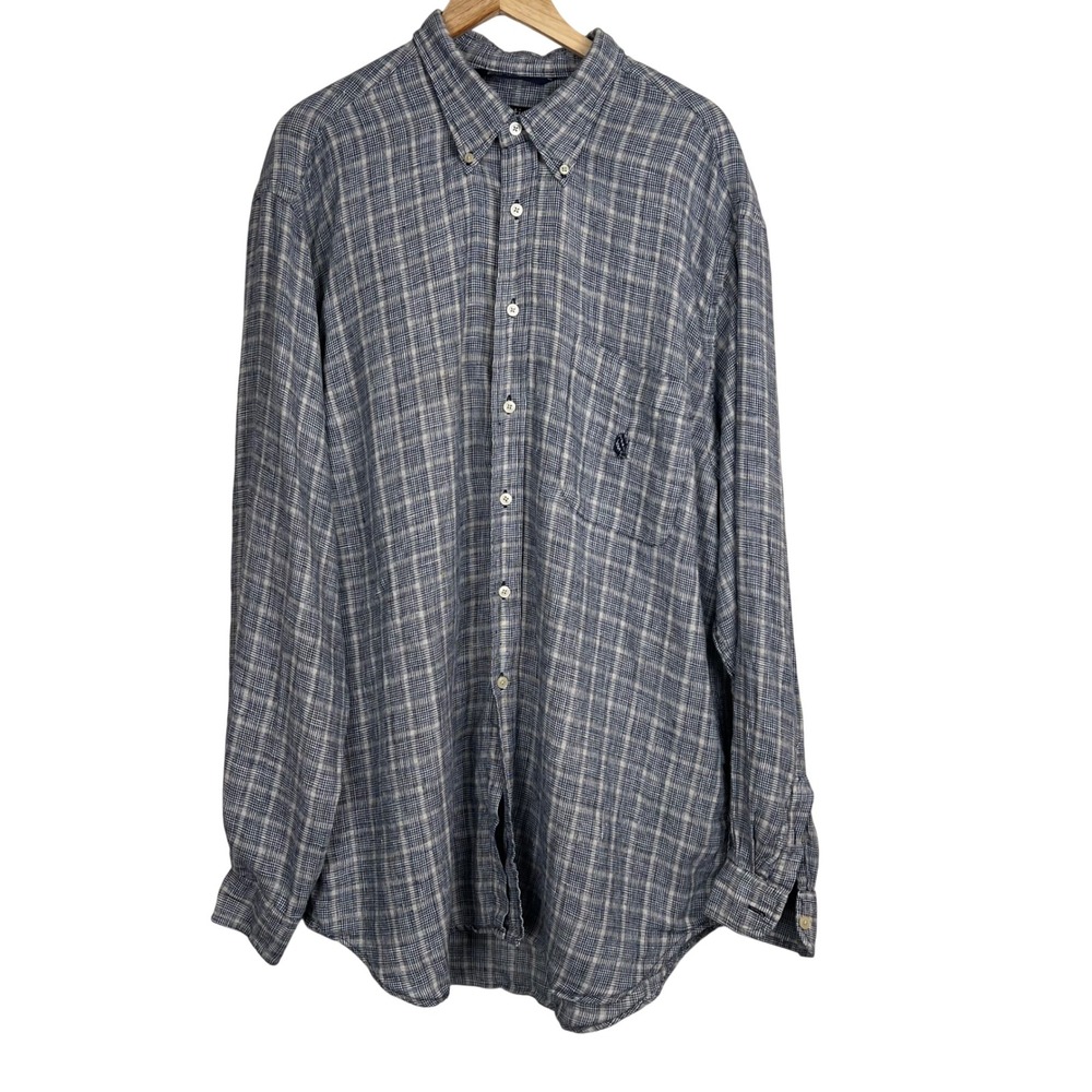 Nautica‎ Mens XXL Blue White Plaid 100% Linen Long Sleeve Button Down Shirt